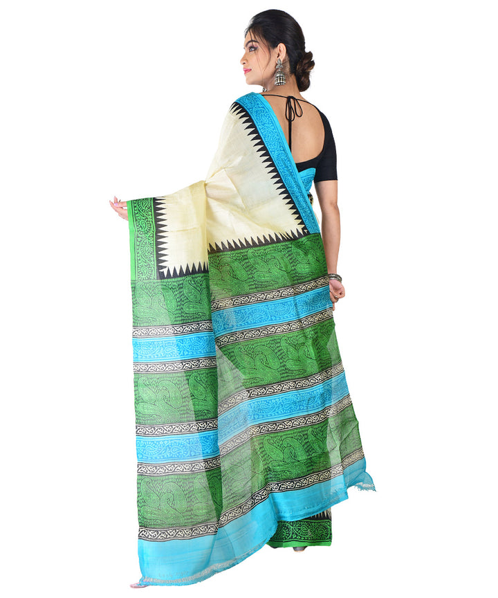 White dark green hand printed silk saree