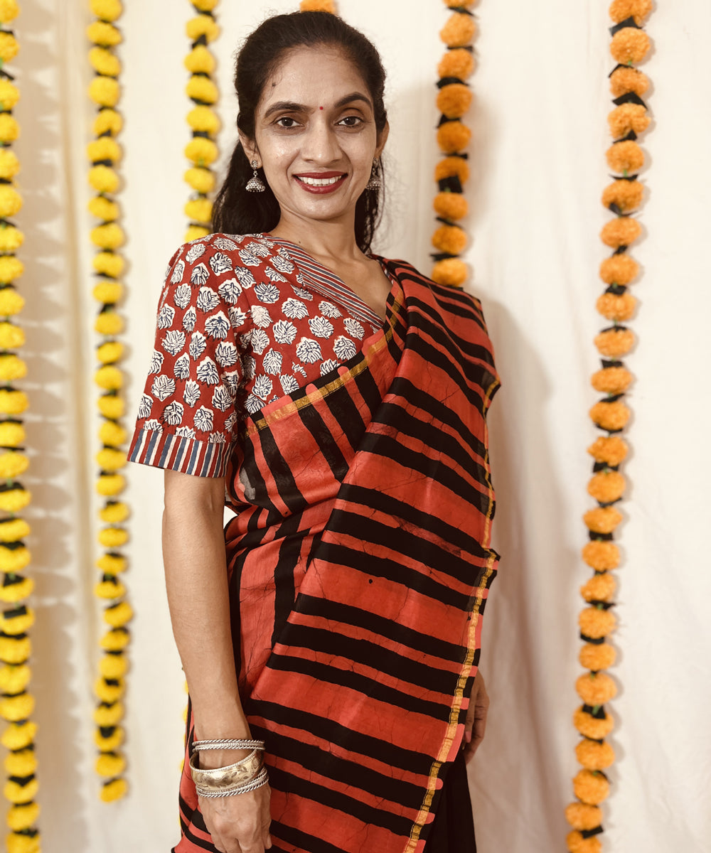 Black red hand block bagru print chanderi sico saree