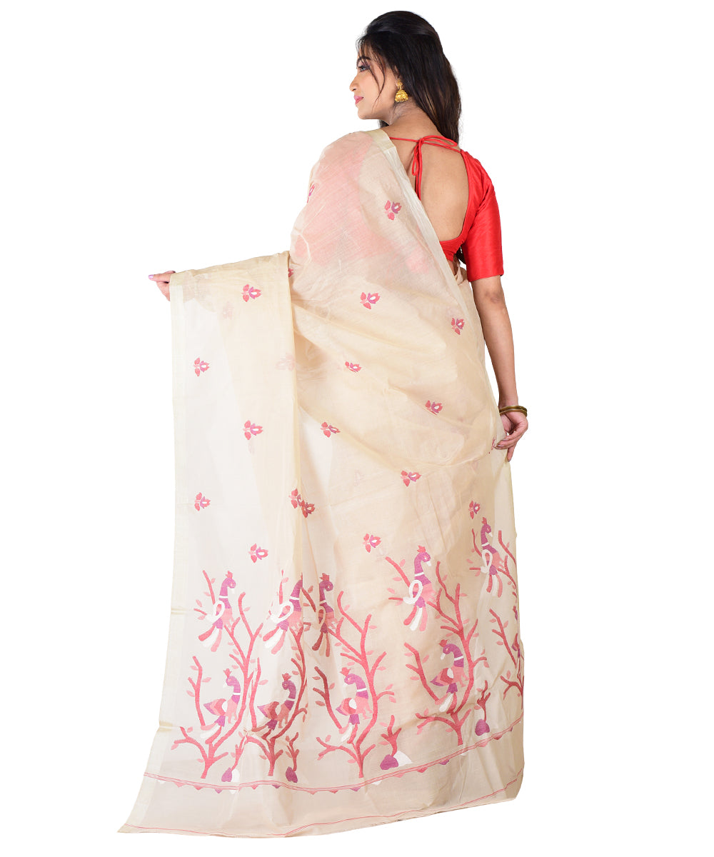 Beige red handwoven cotton saree