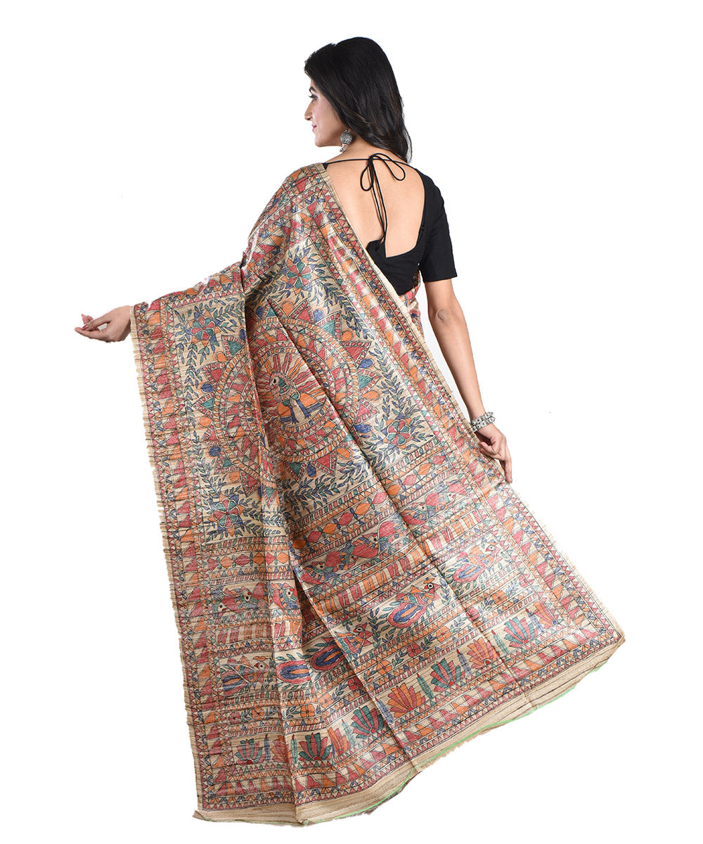 Multicolor beige handwoven tussar silk madhubani painting saree