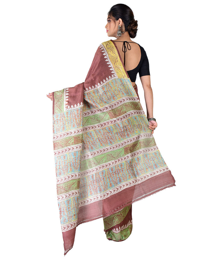 Brown multicolor silk hand printed saree