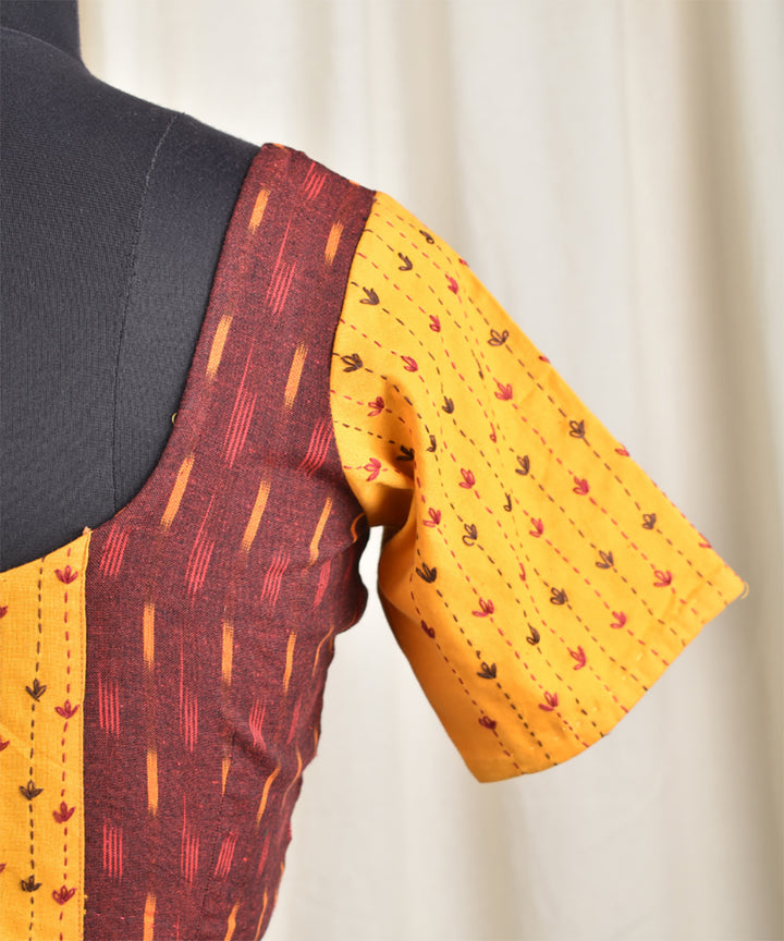 Mustard maroon handwoven ikat embroidered blouse