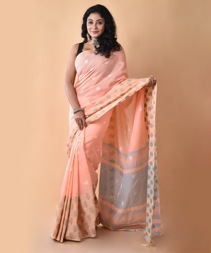 Peach handwoven jamdani cotton saree