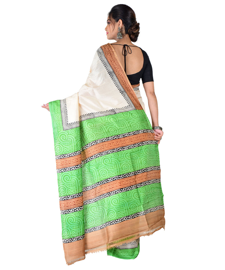 White light green hand printed silk saree