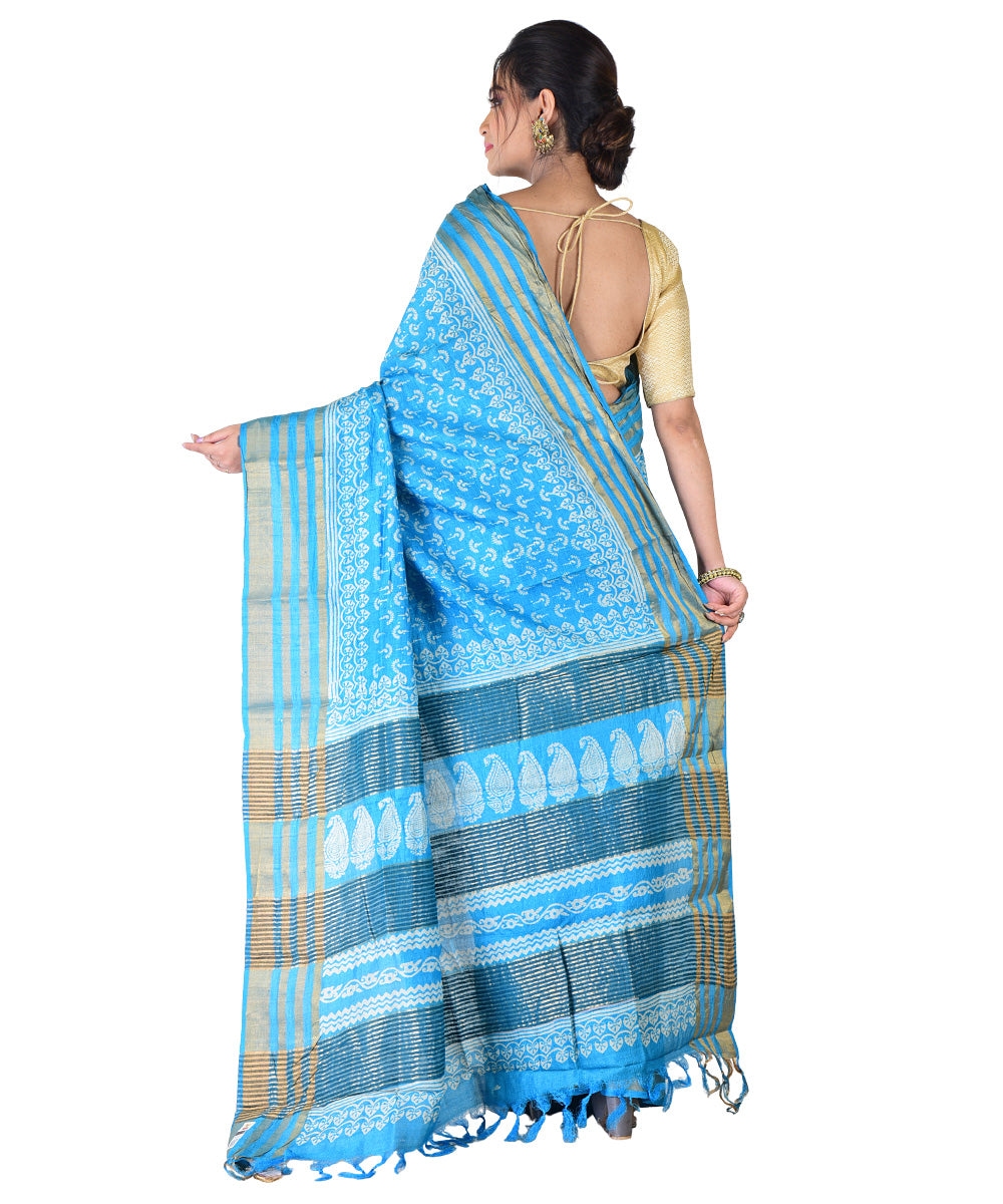 Cyan blue white hand printed tussar silk saree