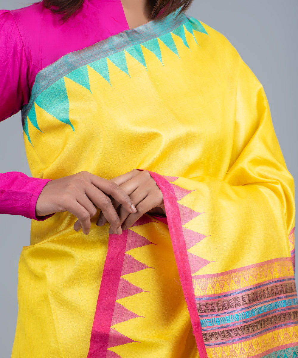 Yellow pink handwoven gopalpur jala border tussar saree