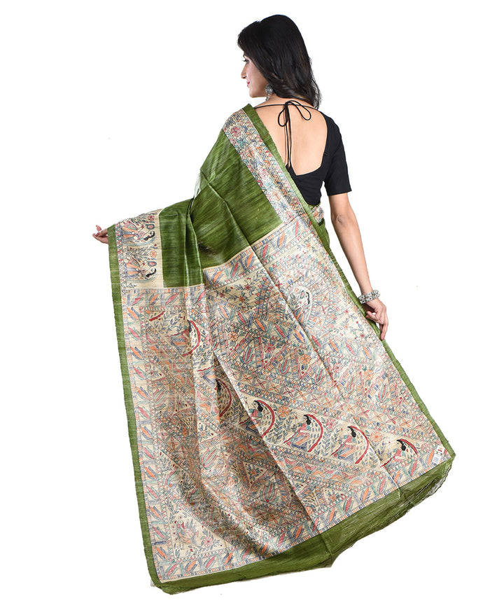 Dark green multicolor handloom tussar silk madhubani painting saree