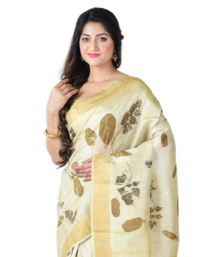Beige brown  handprinted silk saree