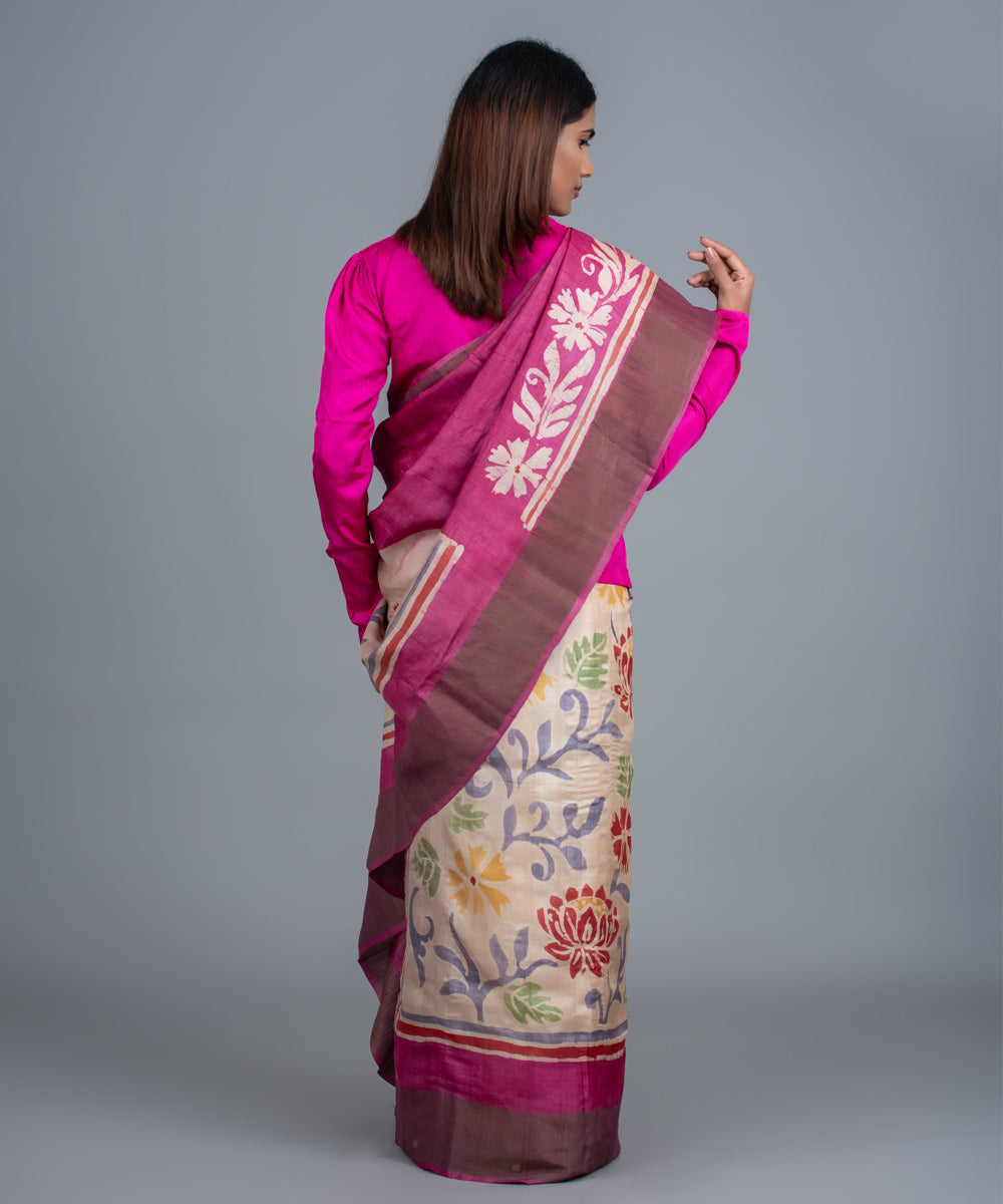 Purple mulberry silk hand painted batik saree