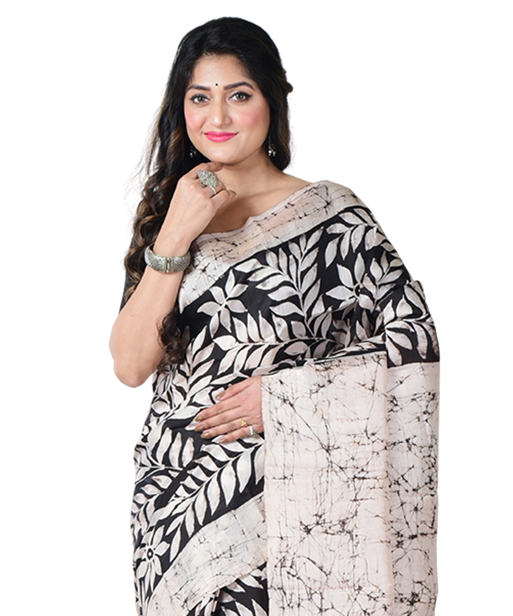 Black white batik print handprinted silk saree