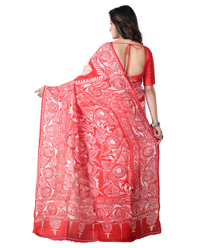 Red white batik print handprinted silk saree