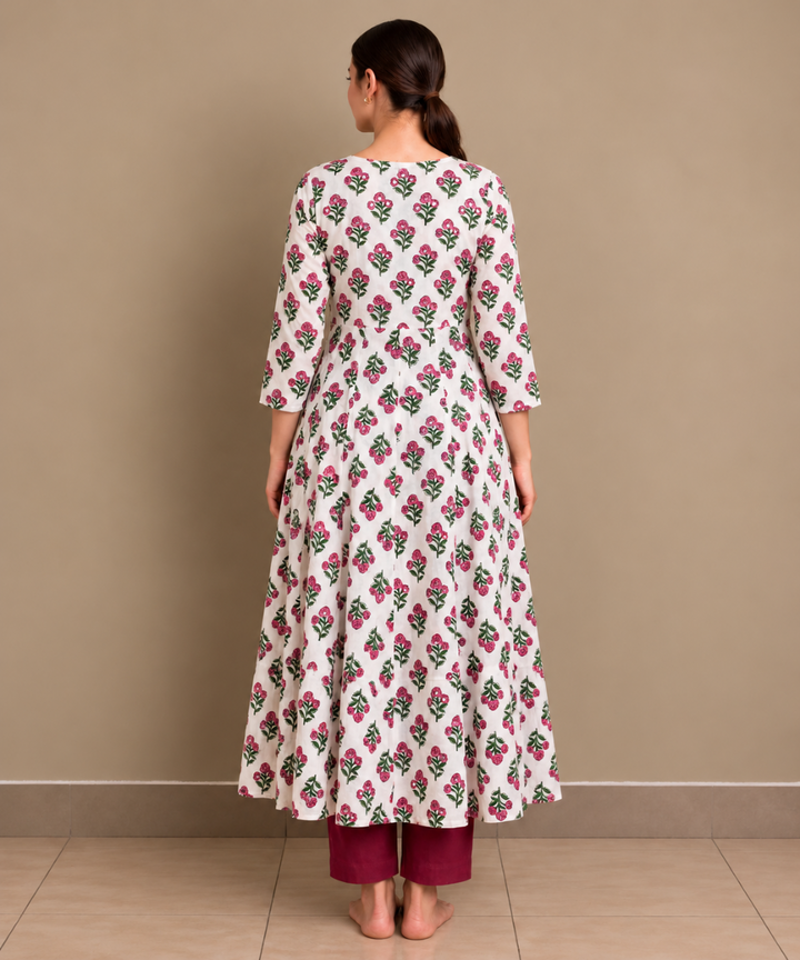 Pink white hand block printed Anarkali cotton Kurta set
