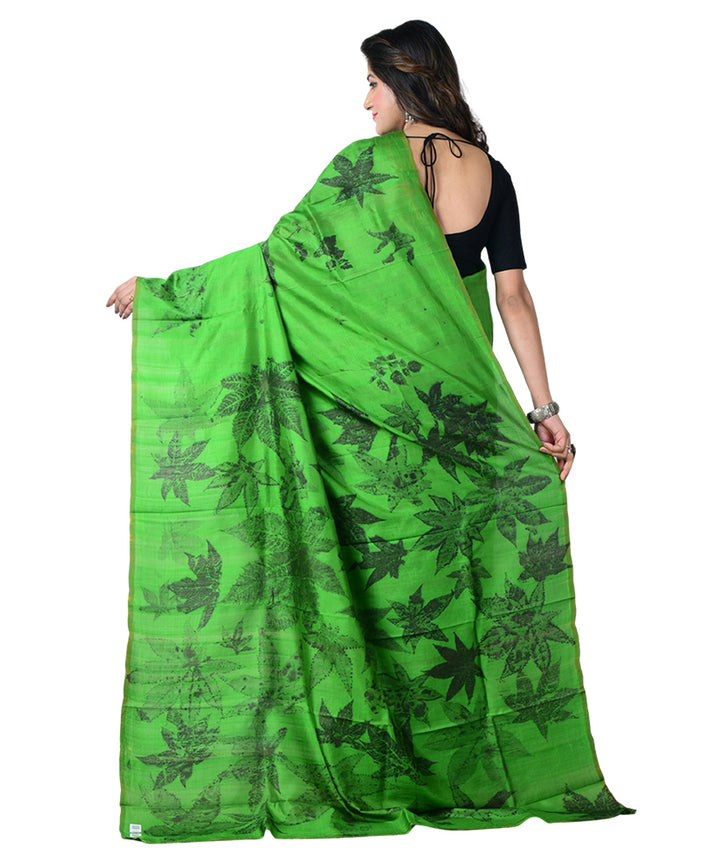 Dark green black  handprinted silk saree