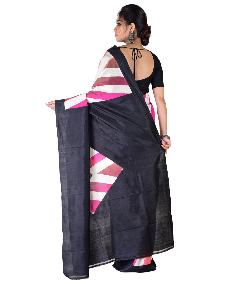 Multicolor black hand printed silk saree