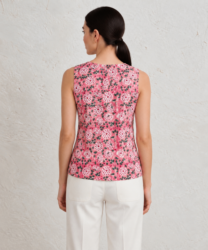 Peach floral hand block printed cotton sleevless top