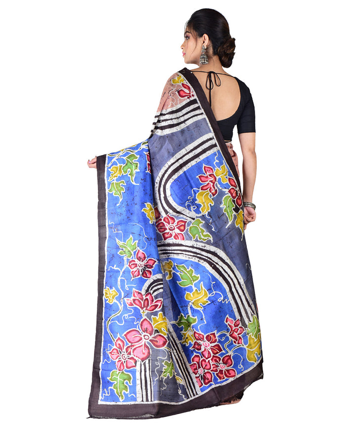 Brown multicolor hand printed silk saree