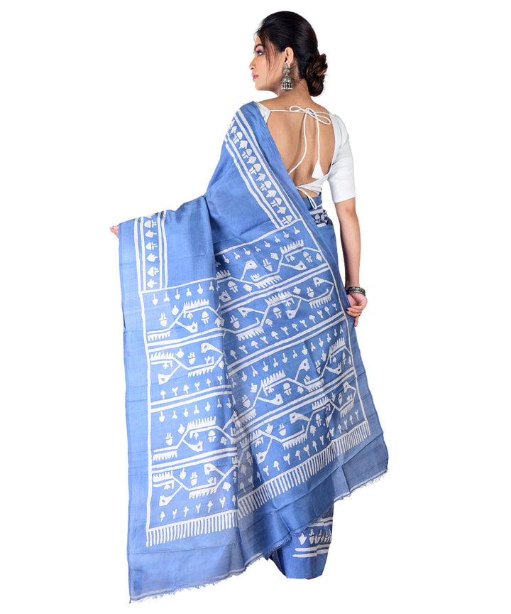 Grey offwhite hand batik printed silk saree