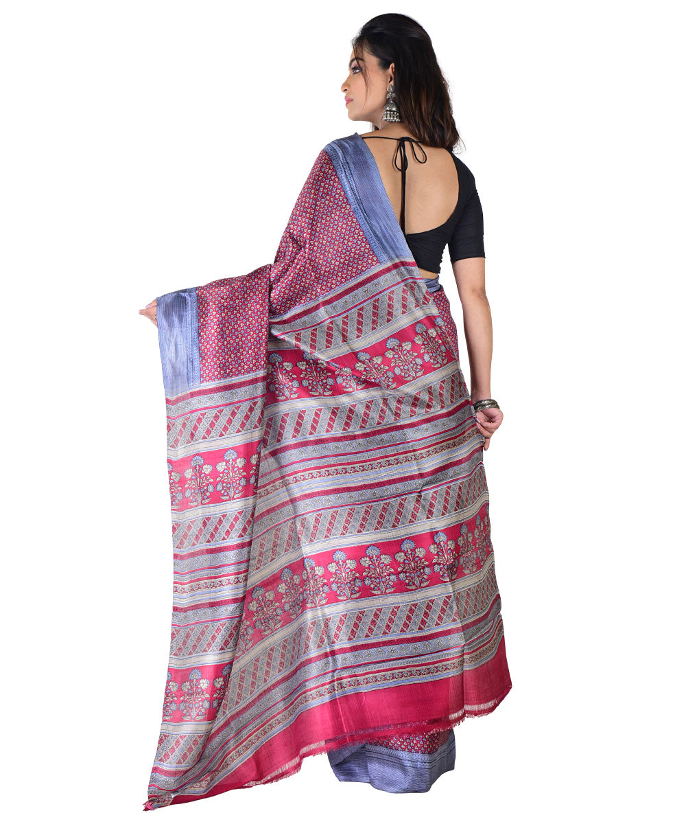 Maroon multicolor hand printed silk saree