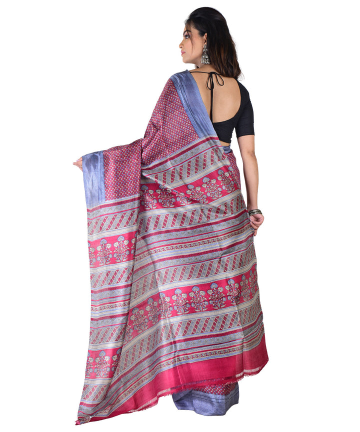 Maroon multicolor hand printed silk saree