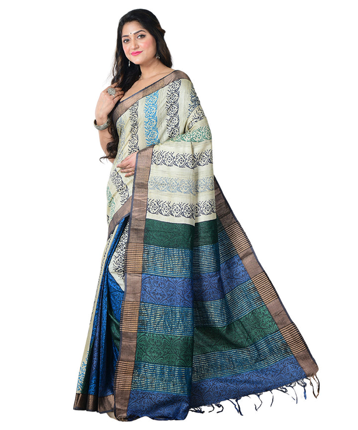 Beige multicolor batik print handprinted tussar silk saree