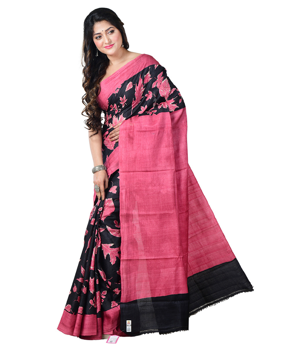 Black pink block print handprinted tussar silk saree