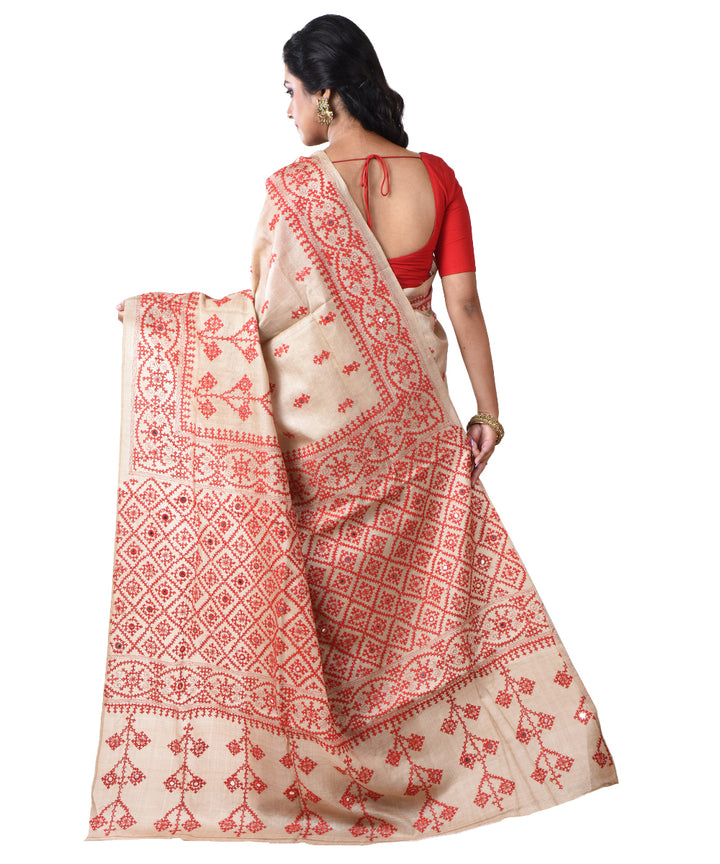 Beige red hand kantha stitched tussar silk saree
