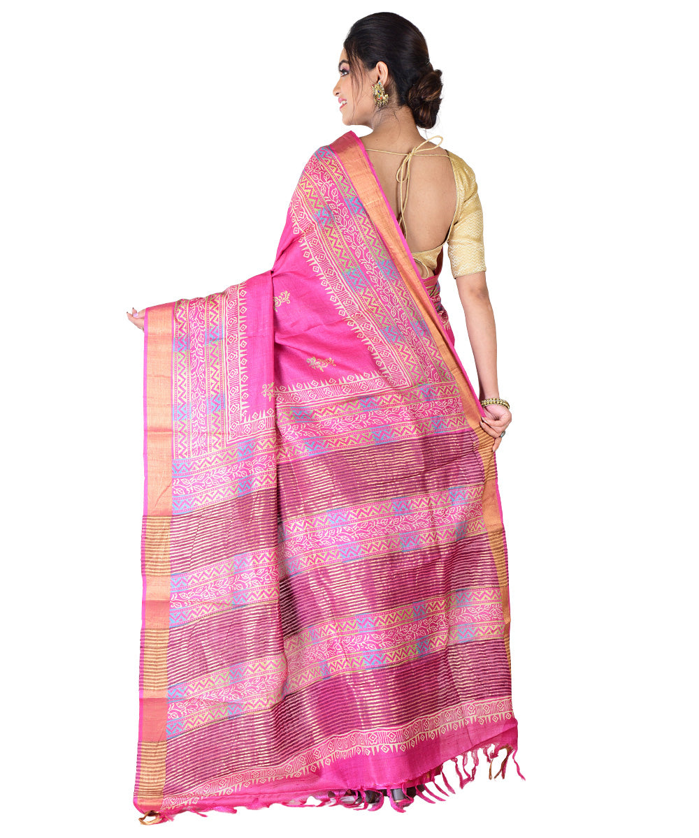 Pink hand printed tussar silk saree