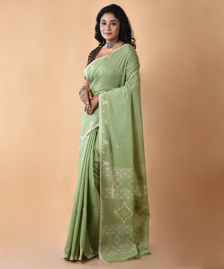 Olive green cotton handwoven jamdani saree