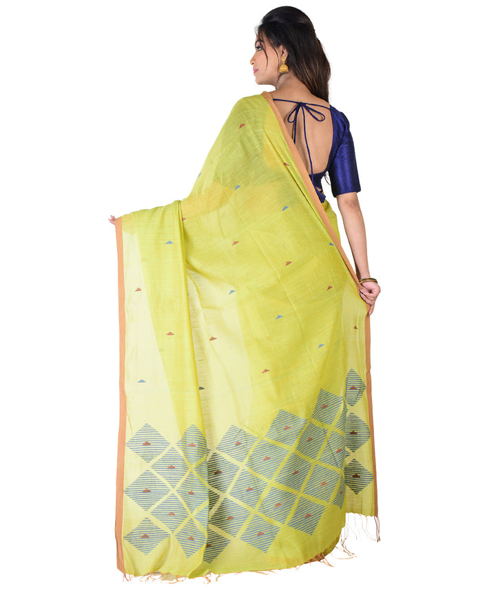 Lime green multicolor handwoven cotton silk saree