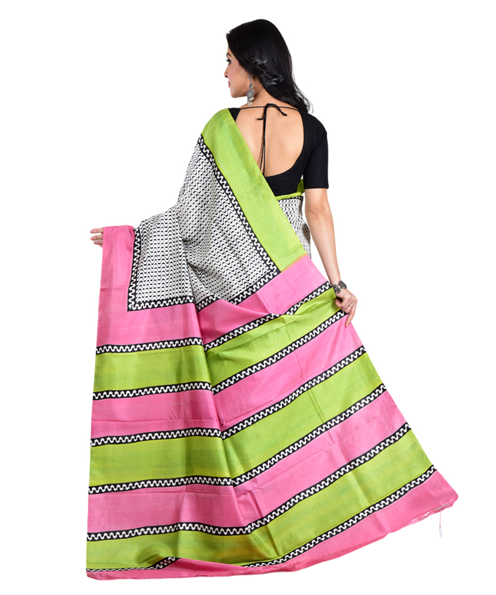 White multicolor silk hand printed saree