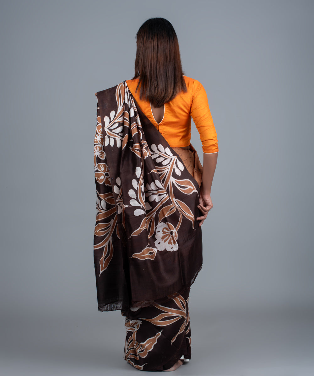 Brown mulberry silk hand painted batik saree