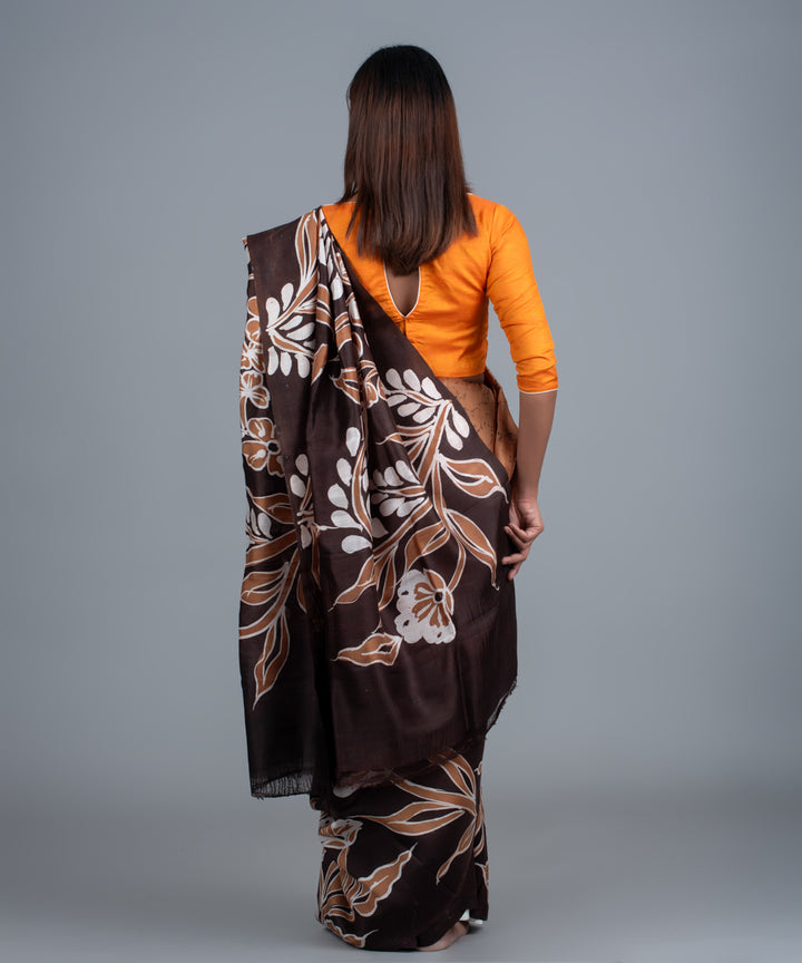 Brown mulberry silk hand painted batik saree
