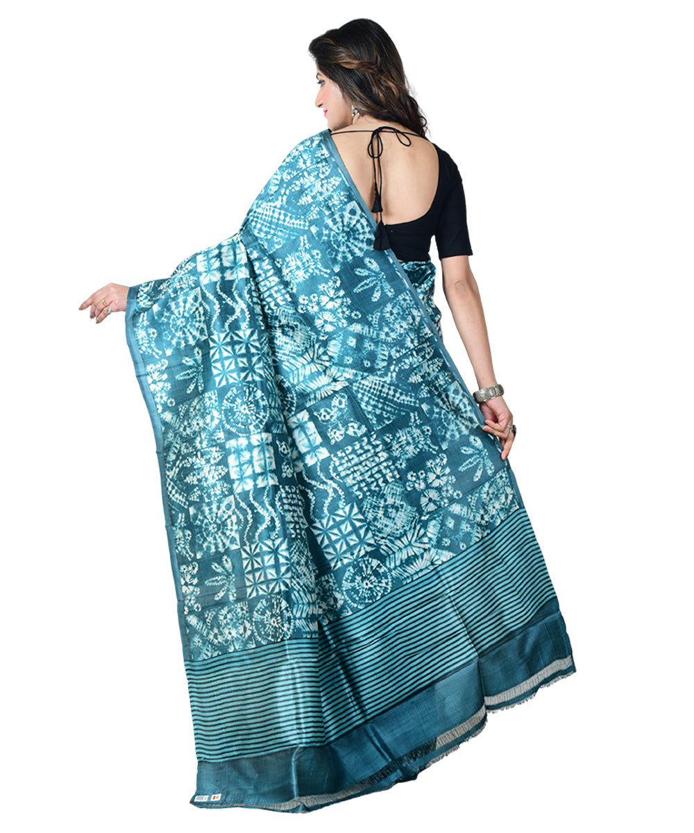 Cyan blue white block print handprinted silk saree