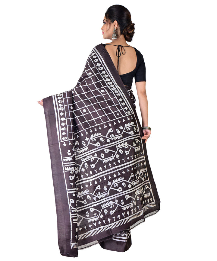 Black white hand batik printed silk saree