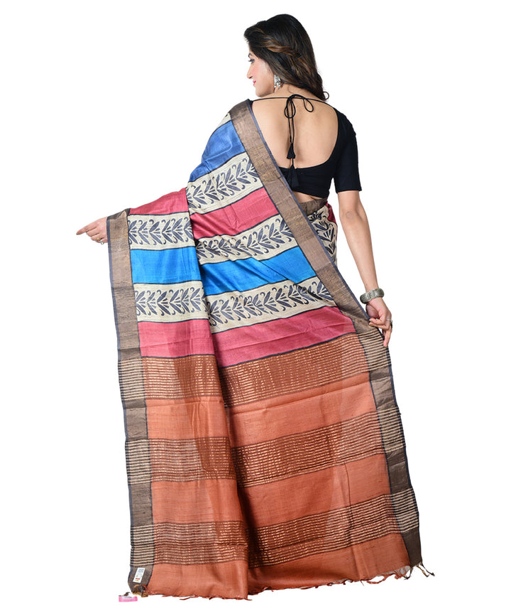 Multicolor cyan blue block print handprinted tussar silk saree