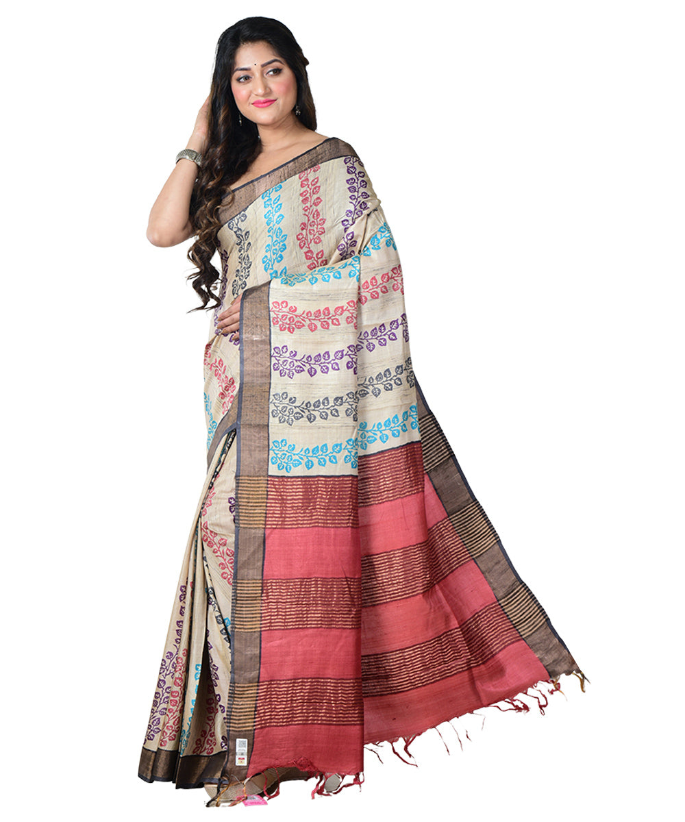 Beige multicolor block print handprinted tussar silk saree