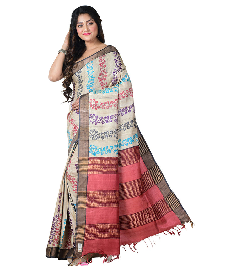 Beige multicolor block print handprinted tussar silk saree