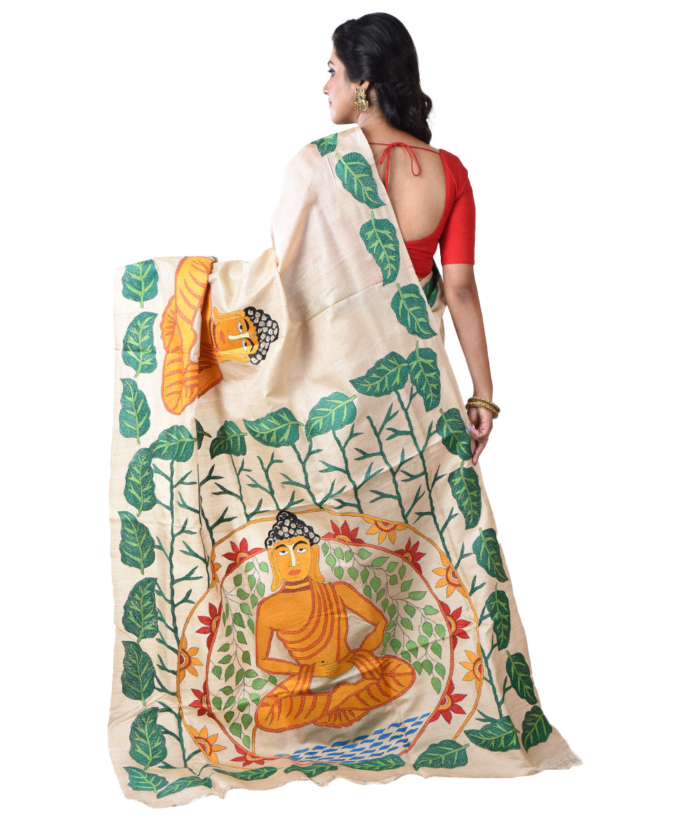Beige yellow hand kantha stitched tussar silk saree