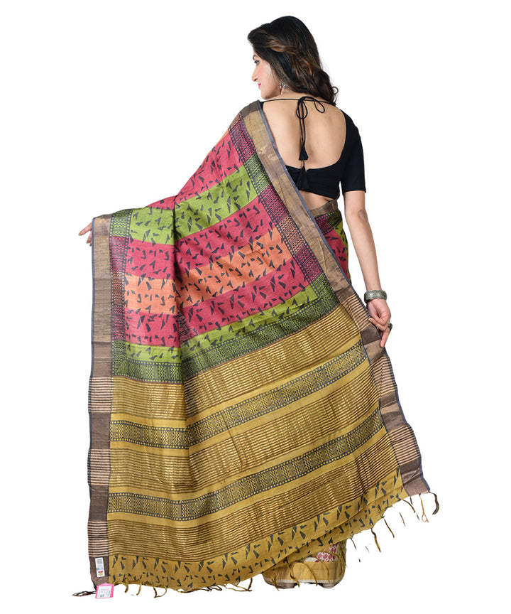 Multicolor beige block print handprinted tussar silk saree
