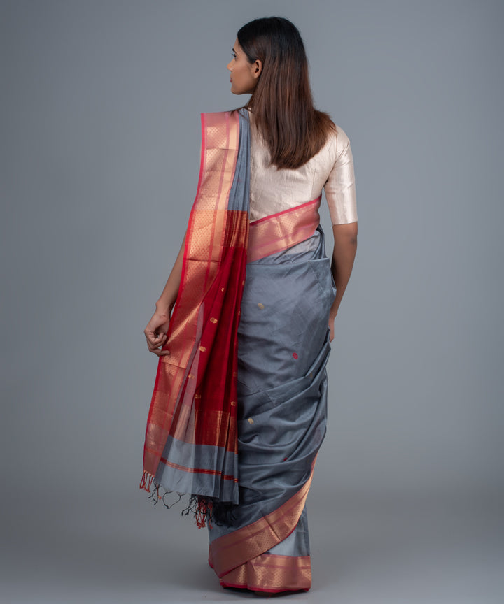 Grey red handwoven maheshwari cotton silk saree