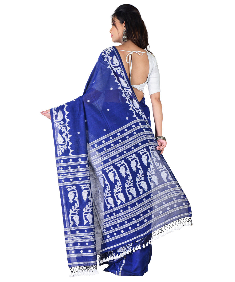 Navy blue white handwoven cotton saree