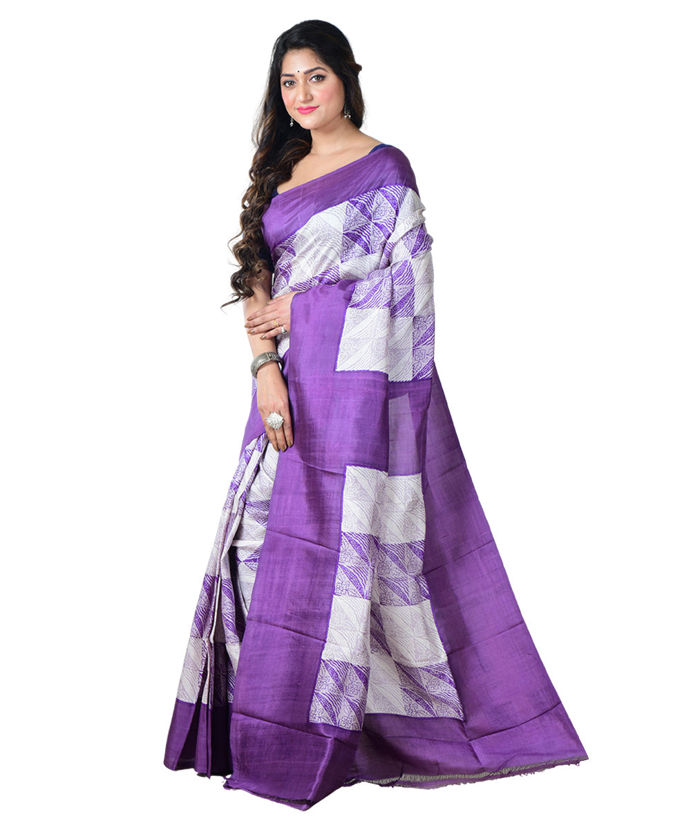 Purple purple block print handprinted silk saree