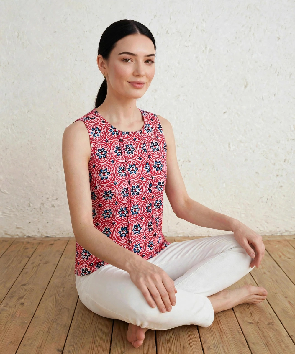 Red blue hand block printed cotton sleevless top