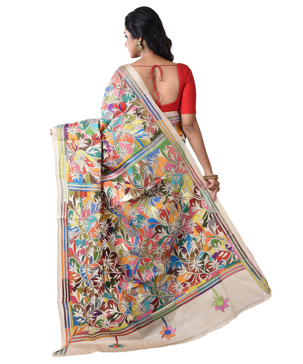 Beige all over tussar silk hand kantha stitched saree
