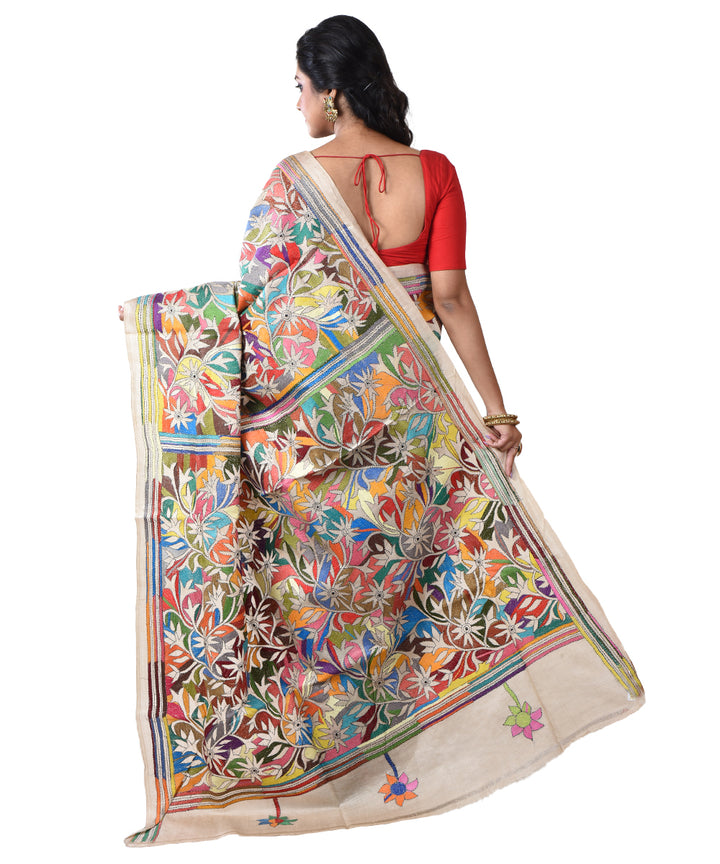 Beige all over tussar silk hand kantha stitched saree