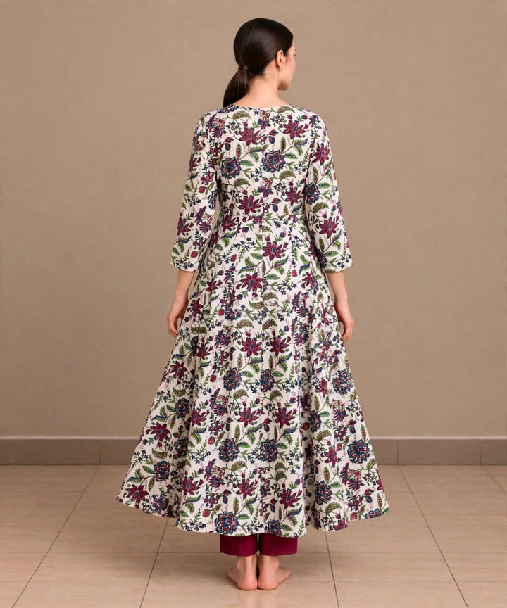Marron white hand block printed Anarkali cotton Kurta set