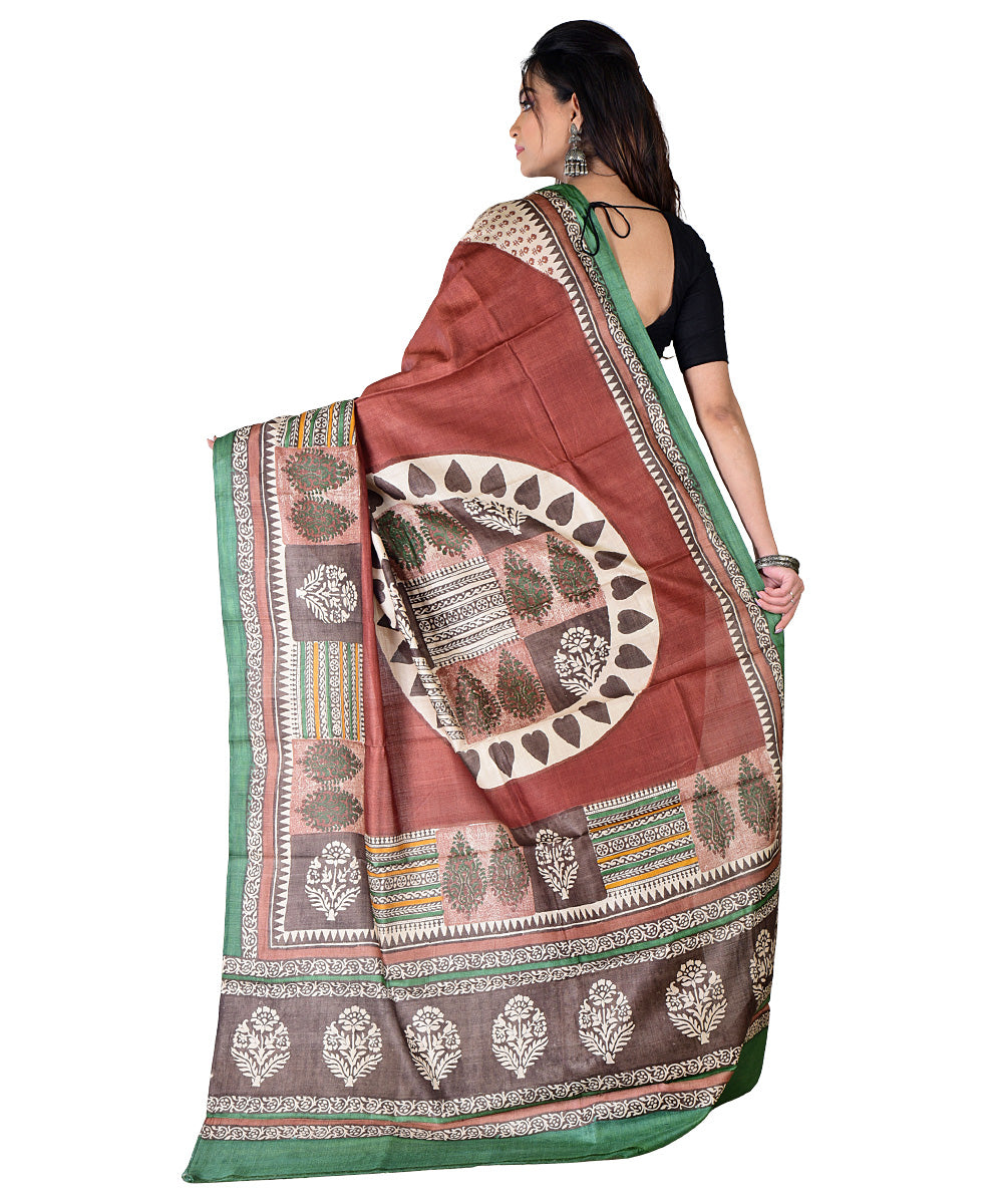 Beige multicolor hand printed tussar silk saree
