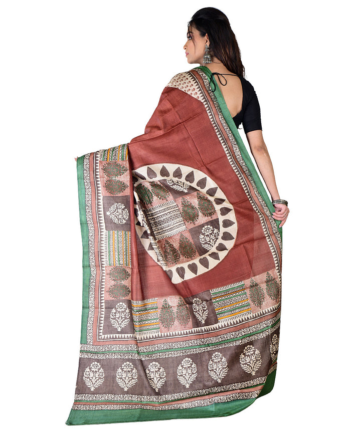 Beige multicolor hand printed tussar silk saree