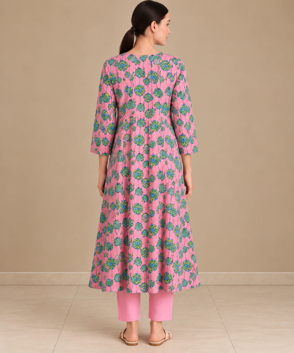 Pink lotus hand block printed A line cotton kurta set