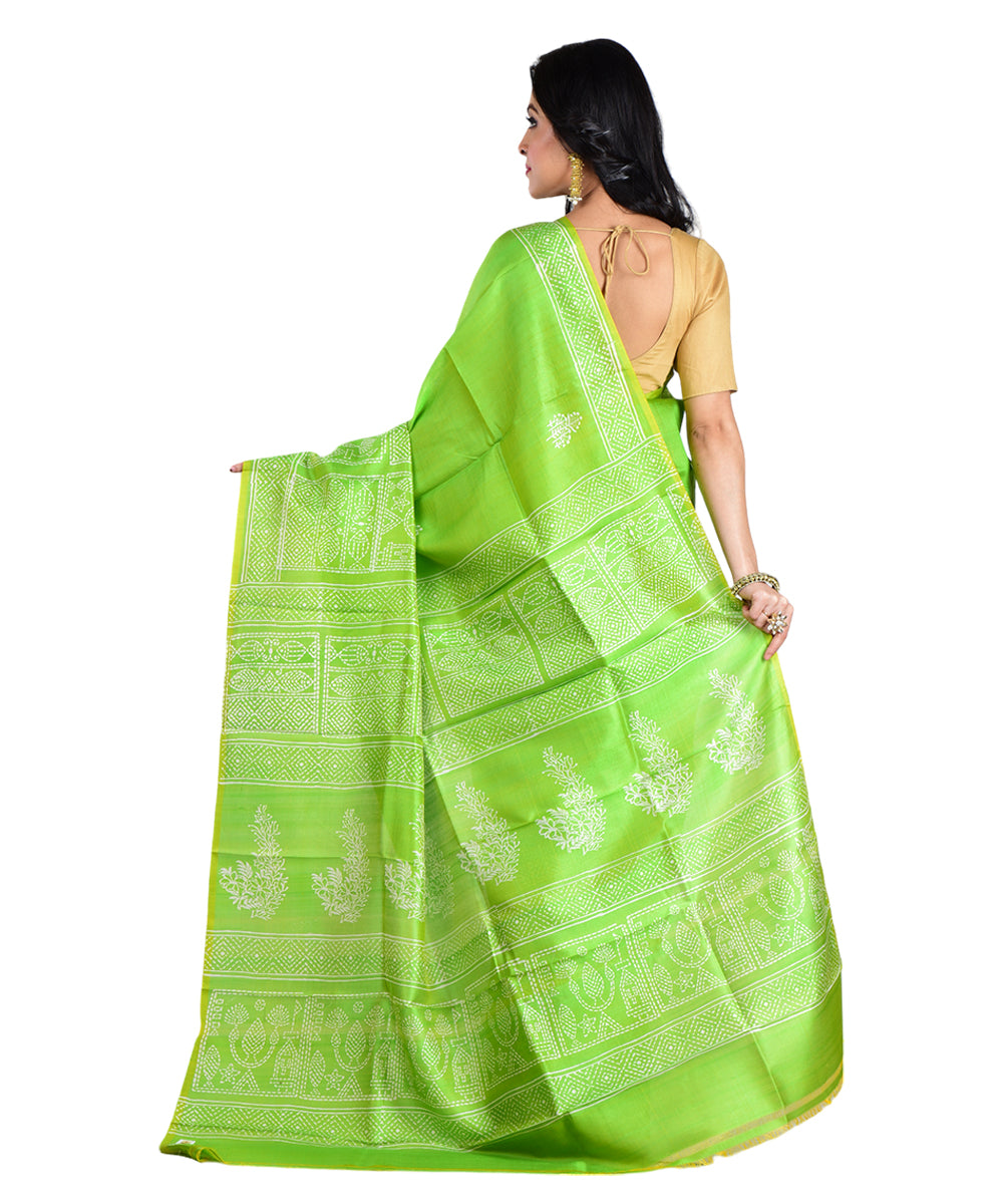 Light green hand printed silk saree